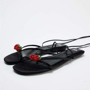 Strawberry beaded lace up flat sandal
